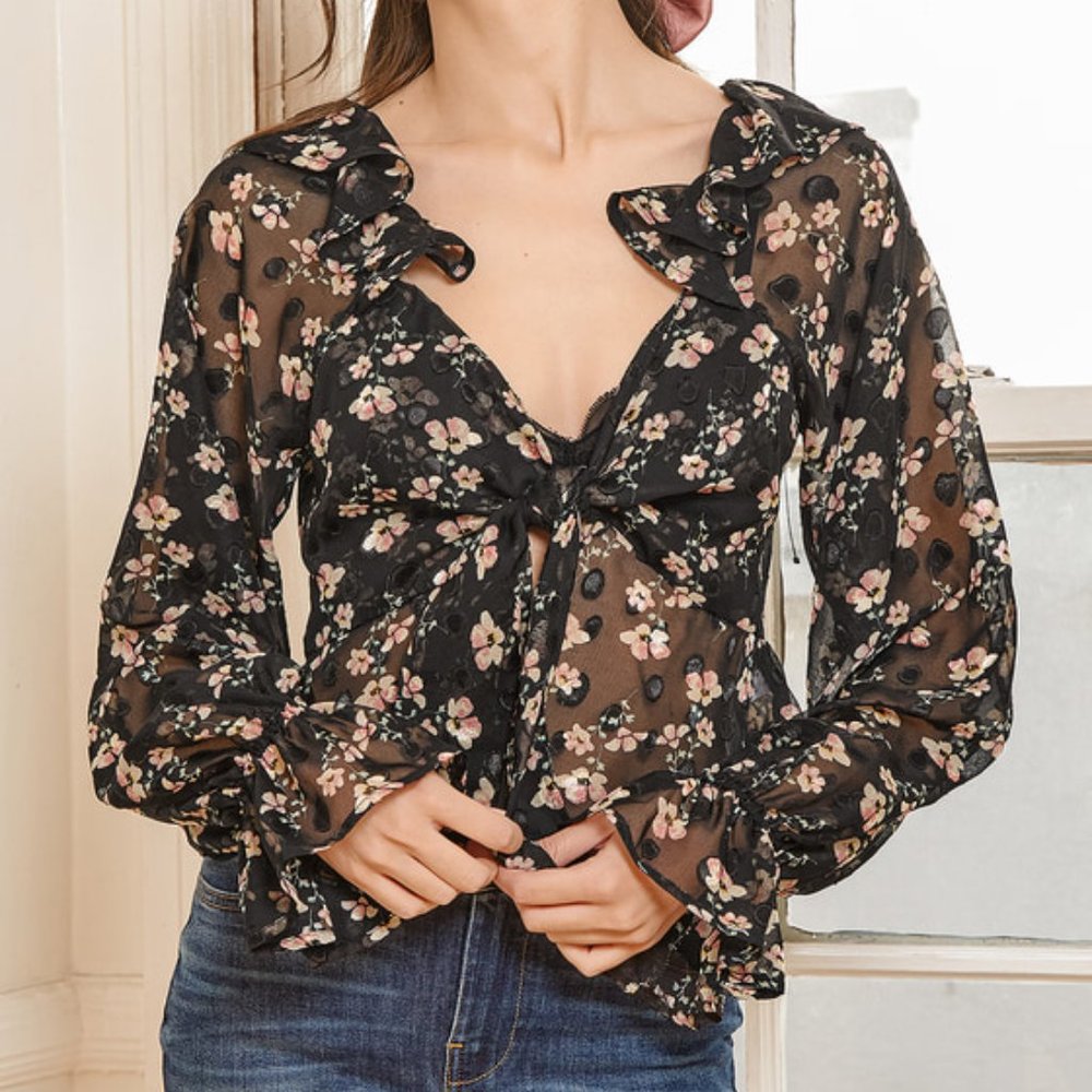 NWT Black Floral Print Ruffle Tie Front Top-Sheer